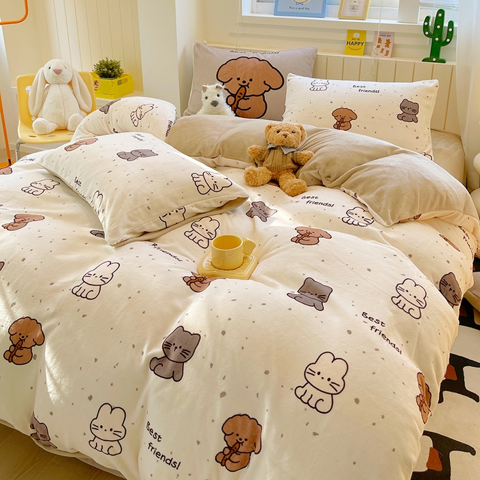 葡萄家 2025新款高克重印花牛奶绒四件套萌系卡通 动物乐园