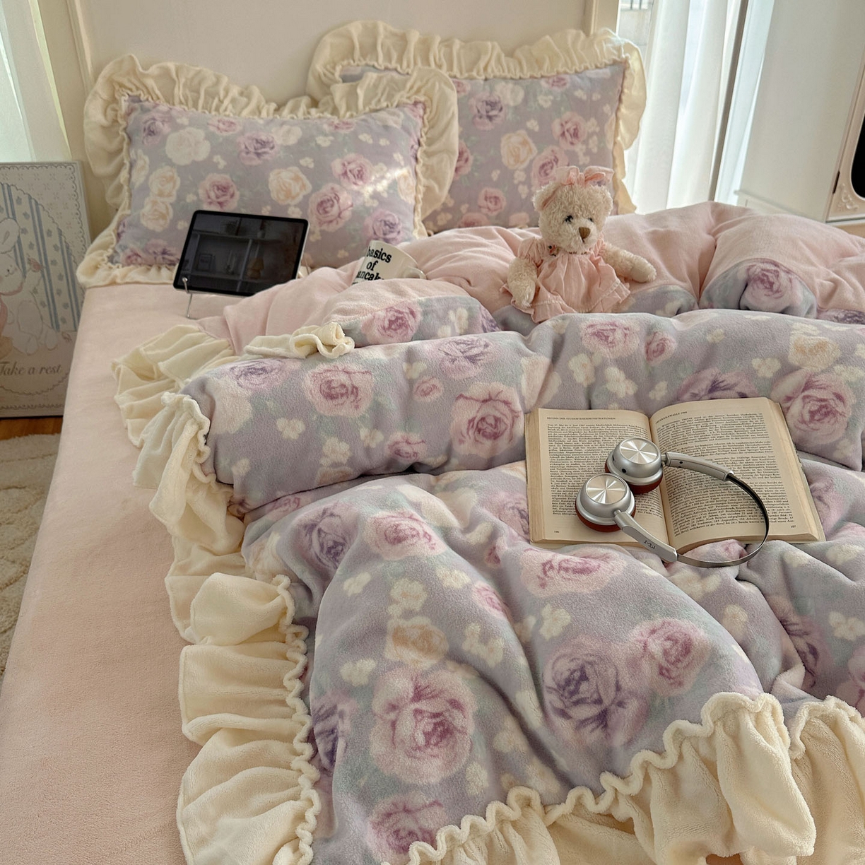 六巷胡同 2025新款韩系博主慵懒风小碎花A类牛奶绒花边款四件套 压花边-微醺岛屿