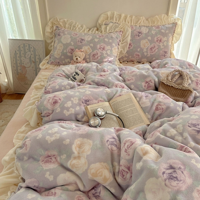 91家纺网 家纺一手货源 找家纺 六巷胡同 2025新款韩系博主慵懒风小碎花A类牛奶绒花边款四件套 压花边-微醺岛屿