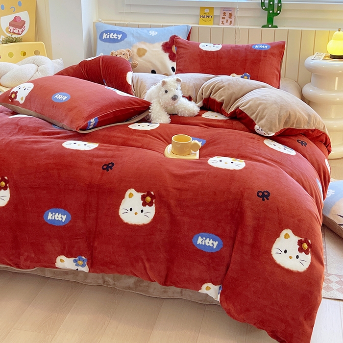 葡萄家 2025新款高克重印花牛奶绒四件套萌系卡通 猫千金红