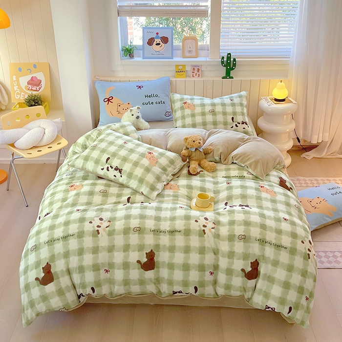 91家纺网 家纺一手货源 找家纺 葡萄家 2025新款高克重印花牛奶绒四件套萌系卡通 莫妮卡