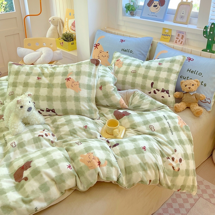 91家纺网 家纺一手货源 找家纺 葡萄家 2025新款高克重印花牛奶绒四件套萌系卡通 莫妮卡