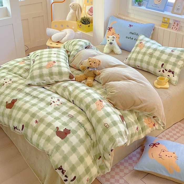 91家纺网 家纺一手货源 找家纺 葡萄家 2025新款高克重印花牛奶绒四件套萌系卡通 莫妮卡