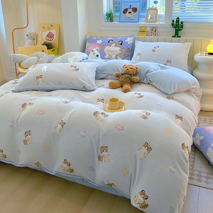 葡萄家 2025新款高克重印花牛奶绒四件套萌系卡通 软萌猫蓝