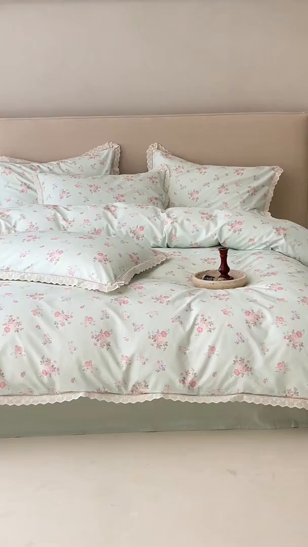 91家纺网 家纺一手货源 找家纺 洺兰家居 2025年小清新全棉13372镂空花边小碎花ins风水洗棉四件套 豆蔻 绿