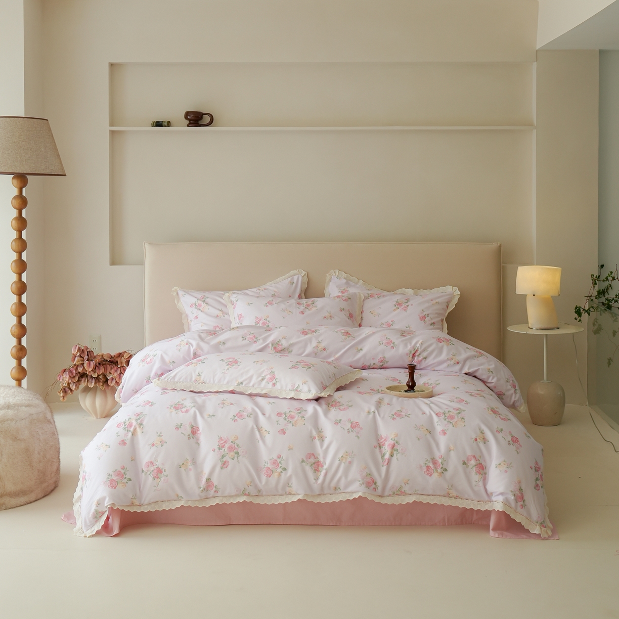 91家纺网 家纺一手货源 找家纺 洺兰家居 2025年小清新全棉13372镂空花边小碎花ins风水洗棉四件套 海棠