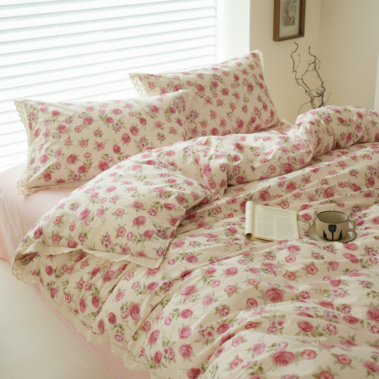 91家纺网 家纺一手货源 找家纺 洺兰家居 2025年小清新全棉13372镂空花边小碎花ins风水洗棉四件套 玫瑰