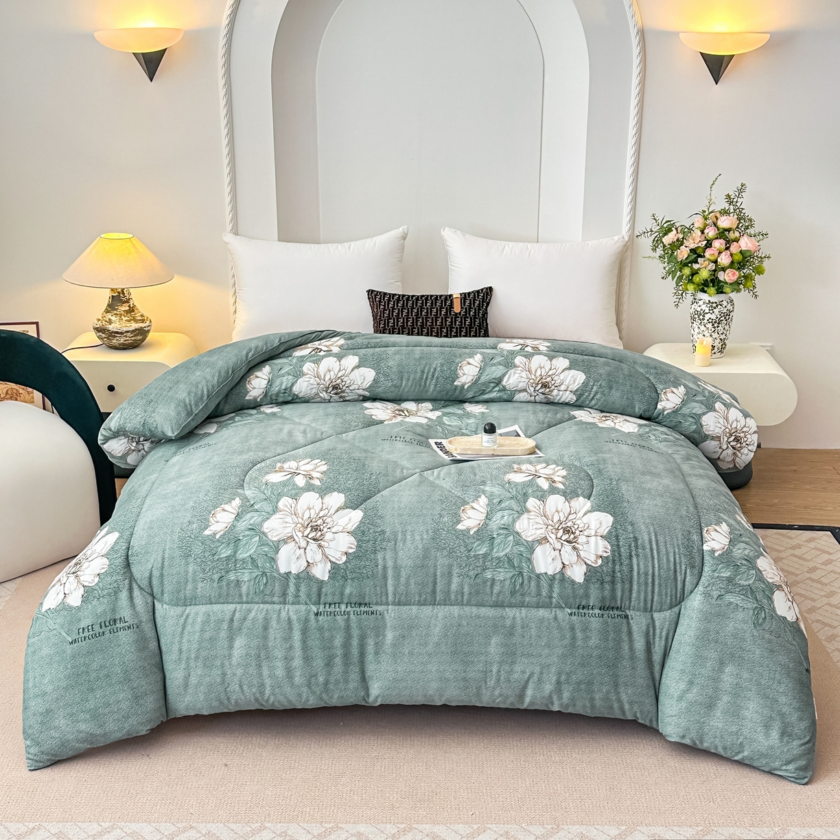 好欣怡家纺 2025新款洛卡棉冬被学生被四季被仿棉被芯 绿色小花