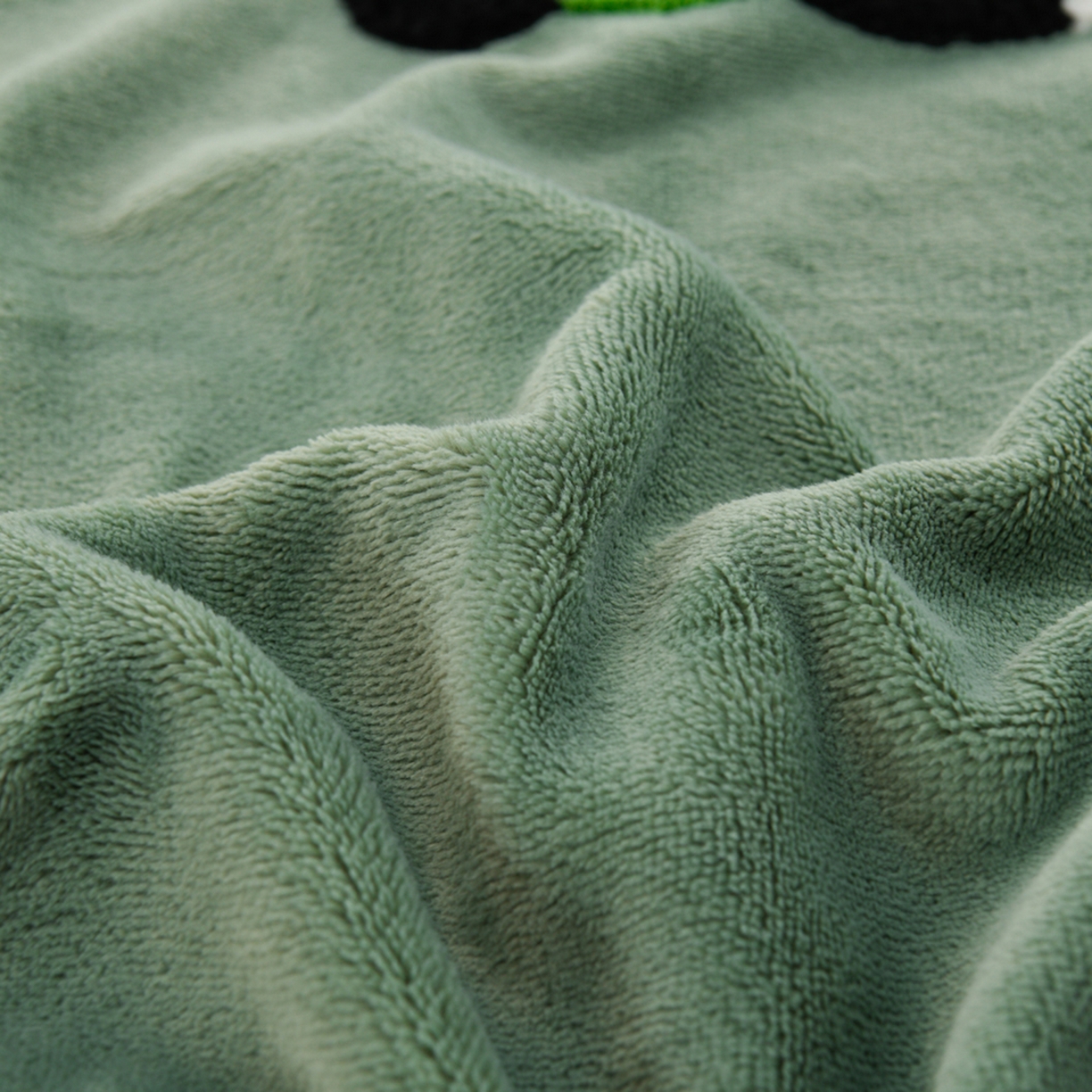 91家纺网 家纺一手货源 找家纺 湘之帛 2025新款简约毛巾绣牛奶绒床裙-小熊猫 小熊猫-草绿