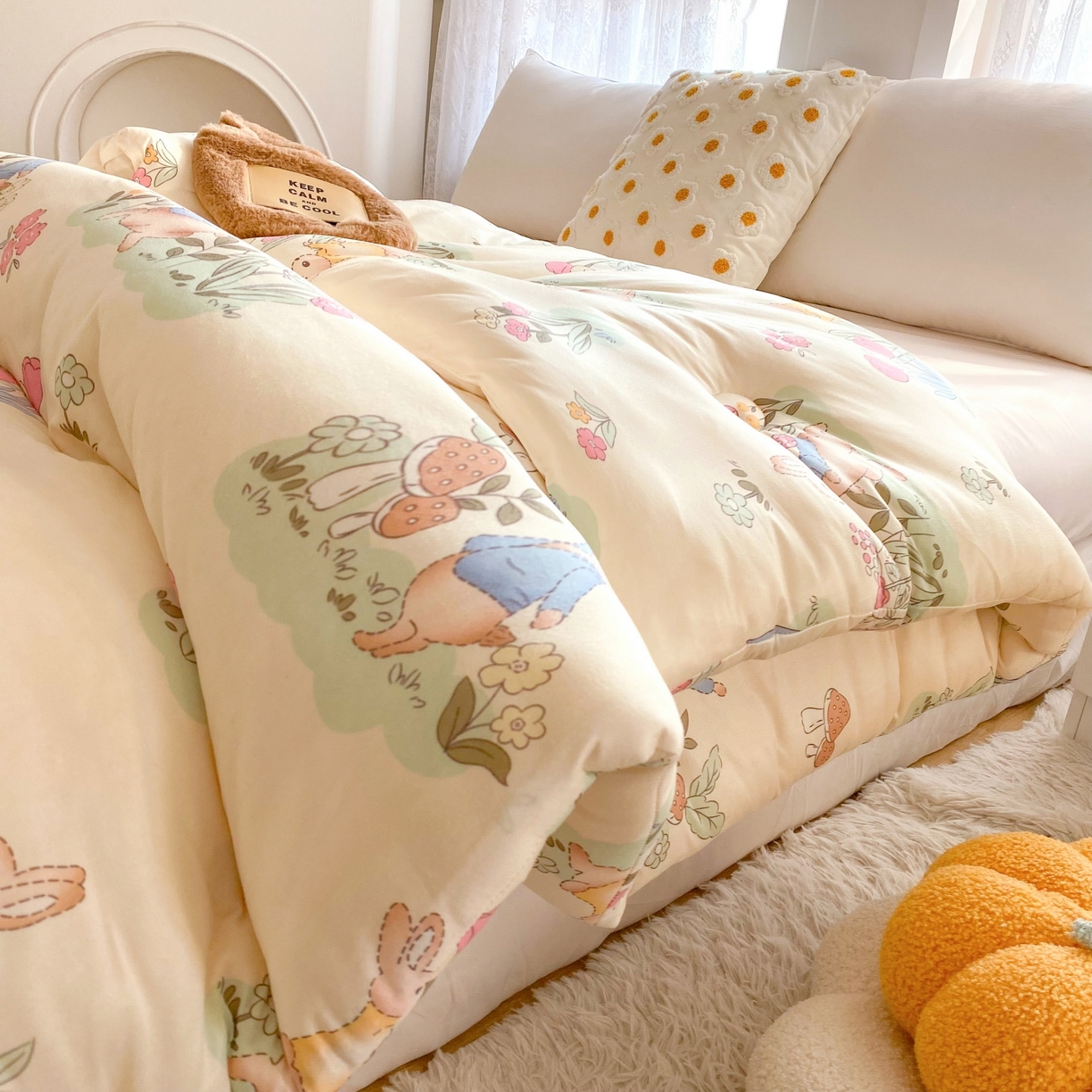 91家纺网 家纺一手货源 找家纺 小叮当家纺仓储工厂店 2025年新款A类母婴级宝宝被子豆豆绒牛奶针织棉被子儿童被子豆豆被大豆被春秋 牛奶针织被-嗨皮兔