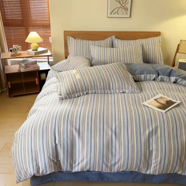 91家纺网 家纺一手货源 找家纺 大吉 2025新款加厚活性喷气磨毛棉四件套被套床单床笠学生单人三件套 星晴-蓝