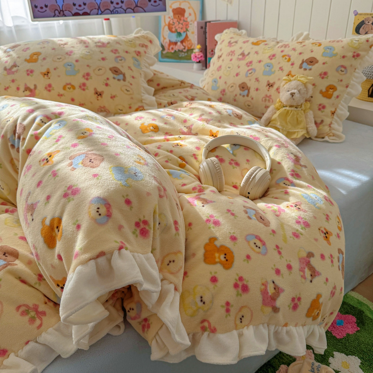 91家纺网 家纺一手货源 找家纺 （总）老K (原美阁） 2025新款A类200克花边款牛奶绒四件套-卡通花边