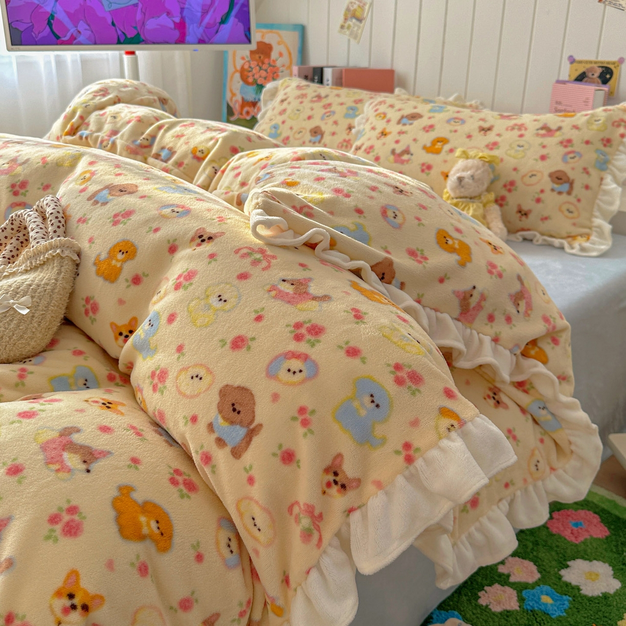 91家纺网 家纺一手货源 找家纺 （总）老K (原美阁） 2025新款A类200克花边款牛奶绒四件套-卡通花边