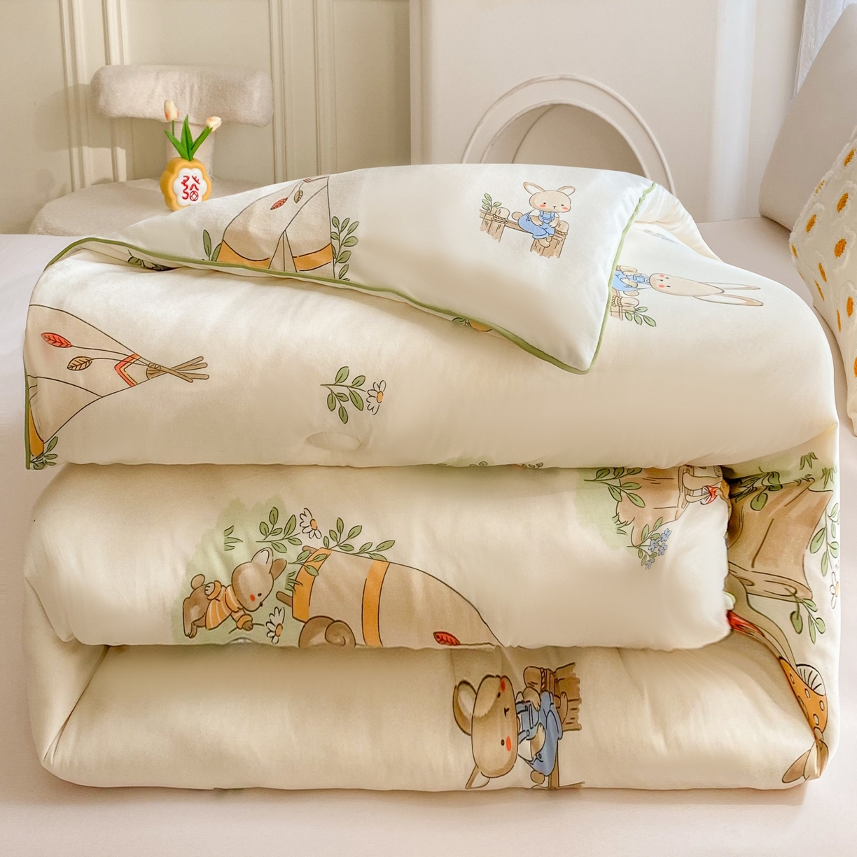 小叮当家纺仓储工厂店 2025年新款A类母婴级宝宝被子豆豆绒牛奶针织棉被子儿童被子豆豆被大豆被春秋 牛奶针织被-松鼠萌兔