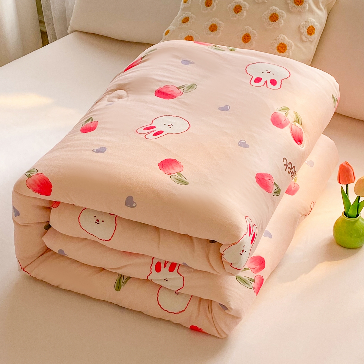 91家纺网 家纺一手货源 找家纺 小叮当家纺仓储工厂店 2025年新款A类母婴级宝宝被子豆豆绒牛奶针织棉被子儿童被子豆豆被大豆被春秋 牛奶针织被-郁金香免