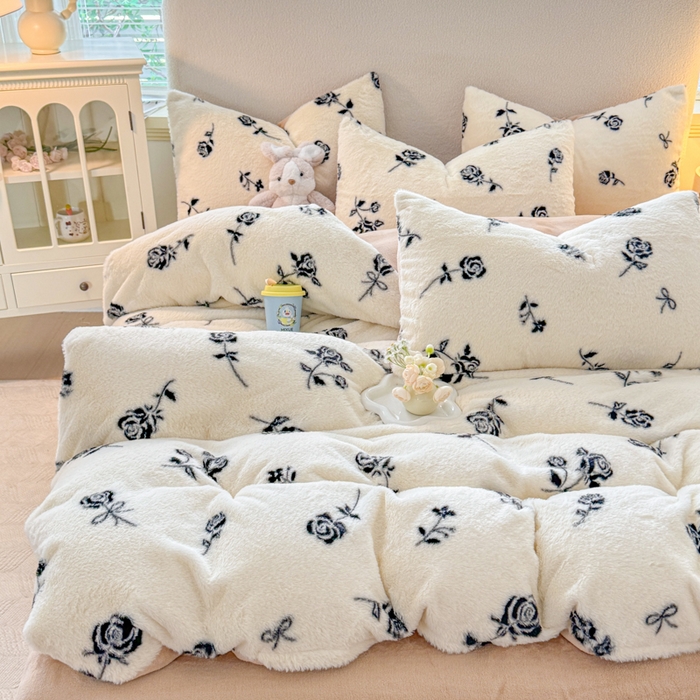 爱多多家居 2025新款印花美拉德兔毛印花四件套单被套 暗夜玫瑰