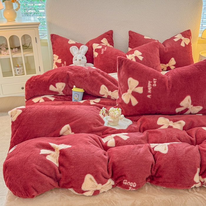 爱多多家居 2025新款印花美拉德兔毛印花四件套单被套 大红蝴蝶结