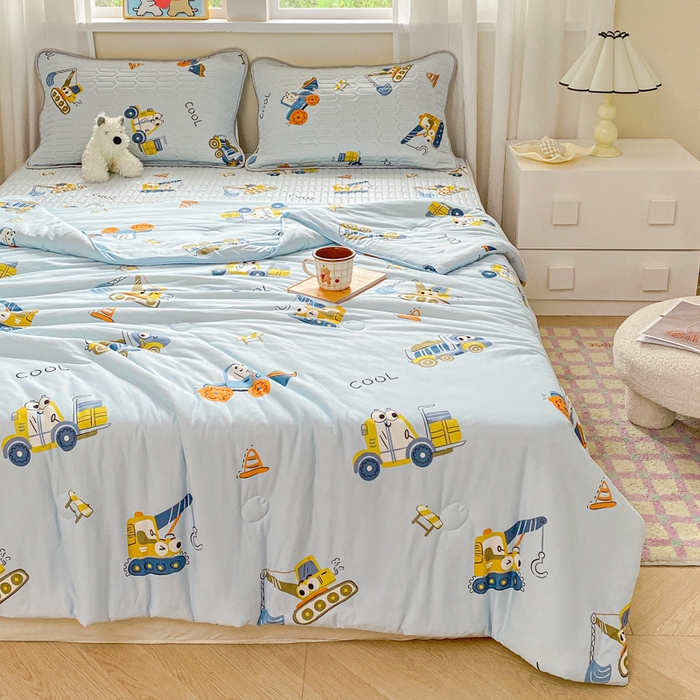 91家纺网 家纺一手货源 找家纺 小叮当家纺仓储工厂店 2025年新款A类母婴级宝宝被子豆豆绒牛奶针织棉被子儿童被子豆豆被大豆被春秋 牛奶针织被-工程车