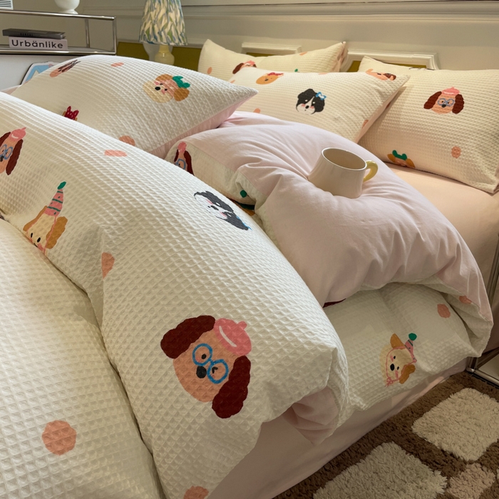 91家纺网 家纺一手货源 找家纺 小叮当家纺仓储工厂店 2025新款提供买家秀爆款花型不断货全棉纯棉A类华夫格印花磨毛四件套 动物派对-米