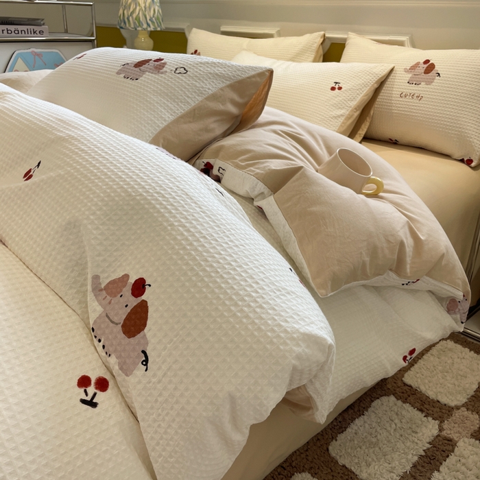 91家纺网 家纺一手货源 找家纺 小叮当家纺仓储工厂店 2025新款提供买家秀爆款花型不断货全棉纯棉A类华夫格印花磨毛四件套 活力小象-米