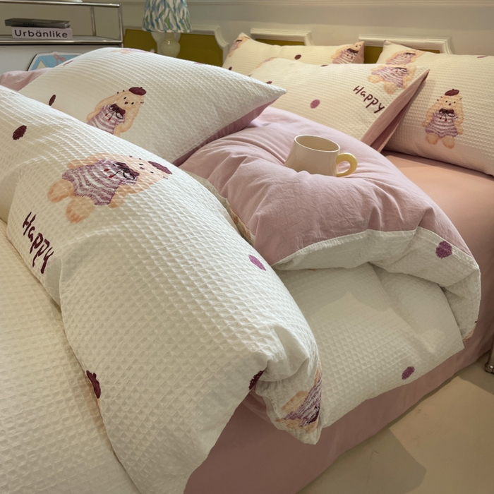 91家纺网 家纺一手货源 找家纺 小叮当家纺仓储工厂店 2025新款提供买家秀爆款花型不断货全棉纯棉A类华夫格印花磨毛四件套 克洛莉-米