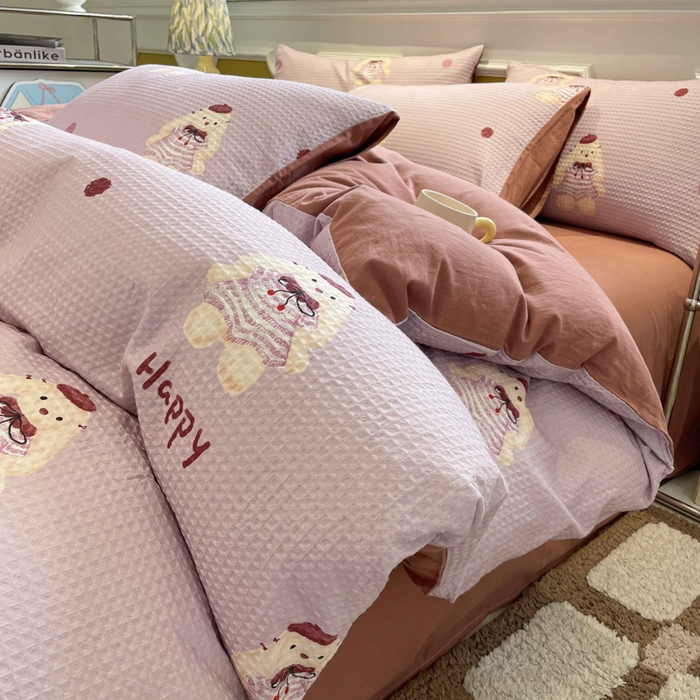 91家纺网 家纺一手货源 找家纺 小叮当家纺仓储工厂店 2025新款提供买家秀爆款花型不断货全棉纯棉A类华夫格印花磨毛四件套 克洛莉-紫