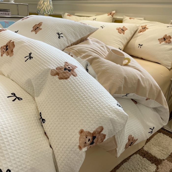 91家纺网 家纺一手货源 找家纺 小叮当家纺仓储工厂店 2025新款提供买家秀爆款花型不断货全棉纯棉A类华夫格印花磨毛四件套 莫妮卡-米