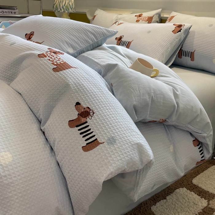 91家纺网 家纺一手货源 找家纺 小叮当家纺仓储工厂店 2025新款提供买家秀爆款花型不断货全棉纯棉A类华夫格印花磨毛四件套 瑞乐-兰