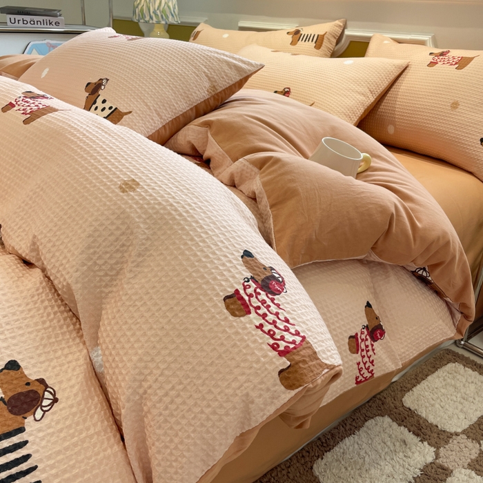 91家纺网 家纺一手货源 找家纺 小叮当家纺仓储工厂店 2025新款提供买家秀爆款花型不断货全棉纯棉A类华夫格印花磨毛四件套 瑞乐-棕