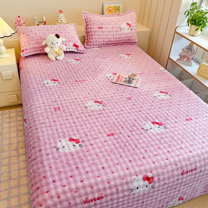 91家纺网 家纺一手货源 找家纺 绣女坊 2025新款A类高克重牛奶绒泡泡绒印花床单单件冬季保暖毛绒毯子绒床单三件套 爱心kt