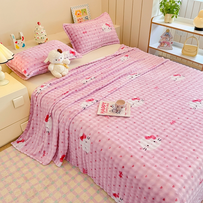 91家纺网 家纺一手货源 找家纺 绣女坊 2025新款A类高克重牛奶绒泡泡绒印花床单单件冬季保暖毛绒毯子绒床单三件套 爱心kt