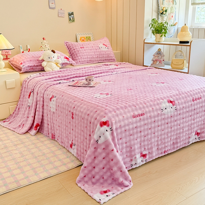 91家纺网 家纺一手货源 找家纺 绣女坊 2025新款A类高克重牛奶绒泡泡绒印花床单单件冬季保暖毛绒毯子绒床单三件套 爱心kt