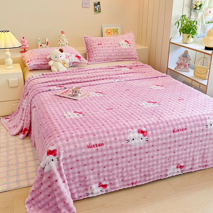 91家纺网 家纺一手货源 找家纺 绣女坊 2025新款A类高克重牛奶绒泡泡绒印花床单单件冬季保暖毛绒毯子绒床单三件套 爱心kt