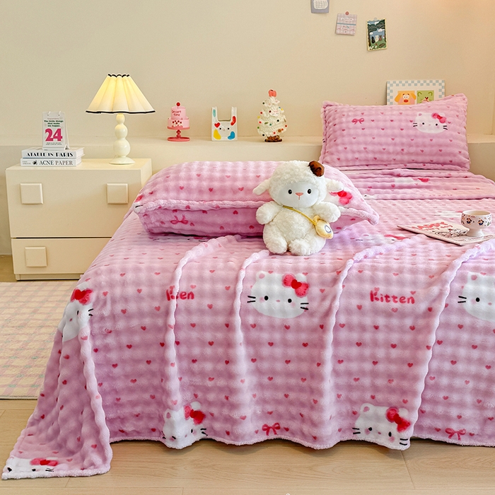 91家纺网 家纺一手货源 找家纺 绣女坊 2025新款A类高克重牛奶绒泡泡绒印花床单单件冬季保暖毛绒毯子绒床单三件套 爱心kt