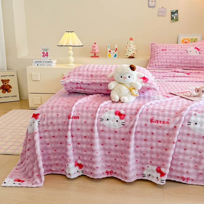 91家纺网 家纺一手货源 找家纺 绣女坊 2025新款A类高克重牛奶绒泡泡绒印花床单单件冬季保暖毛绒毯子绒床单三件套 爱心kt