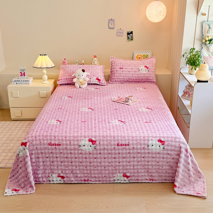 91家纺网 家纺一手货源 找家纺 绣女坊 2025新款A类高克重牛奶绒泡泡绒印花床单单件冬季保暖毛绒毯子绒床单三件套 爱心kt