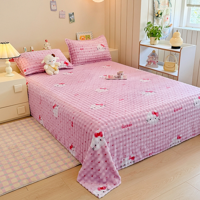 91家纺网 家纺一手货源 找家纺 绣女坊 2025新款A类高克重牛奶绒泡泡绒印花床单单件冬季保暖毛绒毯子绒床单三件套 爱心kt