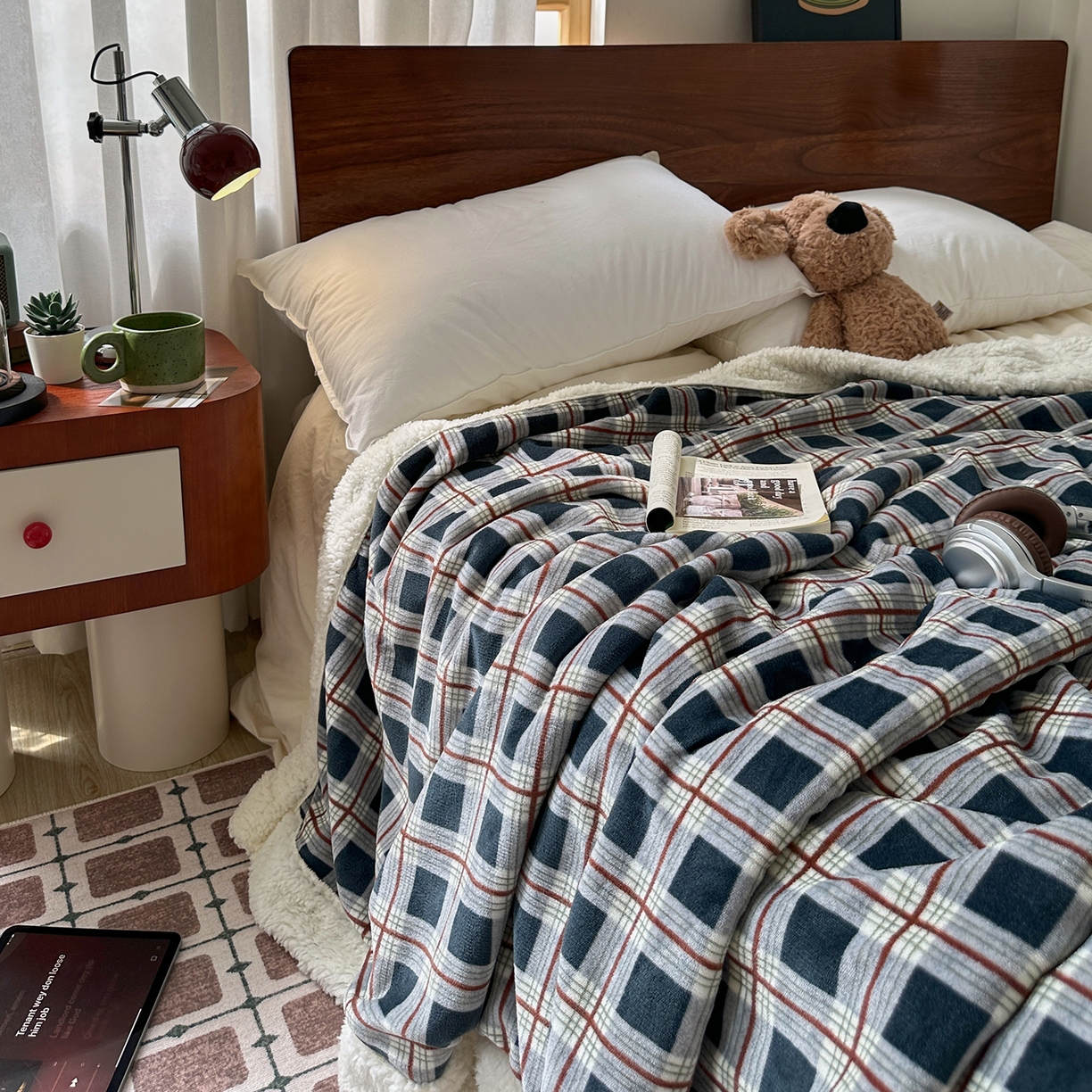 91家纺网 家纺一手货源 找家纺 艾咪-Amy ntmy 2025新款中古风牛奶绒羊羔绒双层毯 牛仔格蓝