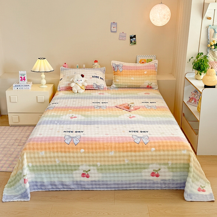 91家纺网 家纺一手货源 找家纺 绣女坊 2025新款A类高克重牛奶绒泡泡绒印花床单单件冬季保暖毛绒毯子绒床单三件套 彩虹樱桃