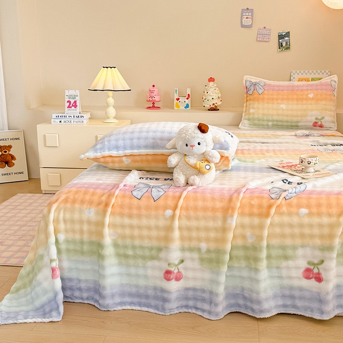 91家纺网 家纺一手货源 找家纺 绣女坊 2025新款A类高克重牛奶绒泡泡绒印花床单单件冬季保暖毛绒毯子绒床单三件套 彩虹樱桃