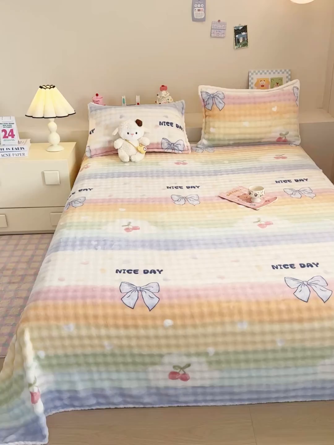 91家纺网 家纺一手货源 找家纺 绣女坊 2025新款A类高克重牛奶绒泡泡绒印花床单单件冬季保暖毛绒毯子绒床单三件套 彩虹樱桃