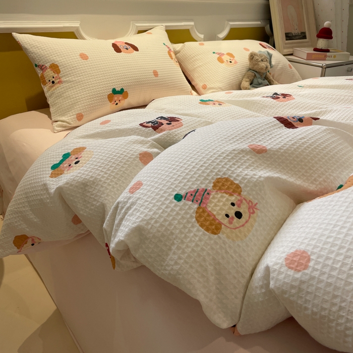 91家纺网 家纺一手货源 找家纺 小叮当家纺仓储工厂店 2025新款提供买家秀爆款花型不断货全棉纯棉A类华夫格印花磨毛四件套 动物派对-米