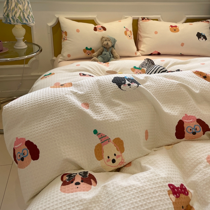 91家纺网 家纺一手货源 找家纺 小叮当家纺仓储工厂店 2025新款提供买家秀爆款花型不断货全棉纯棉A类华夫格印花磨毛四件套 动物派对-米