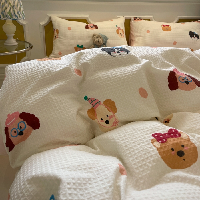 91家纺网 家纺一手货源 找家纺 小叮当家纺仓储工厂店 2025新款提供买家秀爆款花型不断货全棉纯棉A类华夫格印花磨毛四件套 动物派对-米