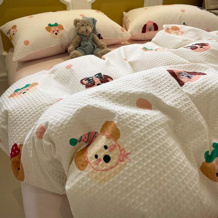 91家纺网 家纺一手货源 找家纺 小叮当家纺仓储工厂店 2025新款提供买家秀爆款花型不断货全棉纯棉A类华夫格印花磨毛四件套 动物派对-米