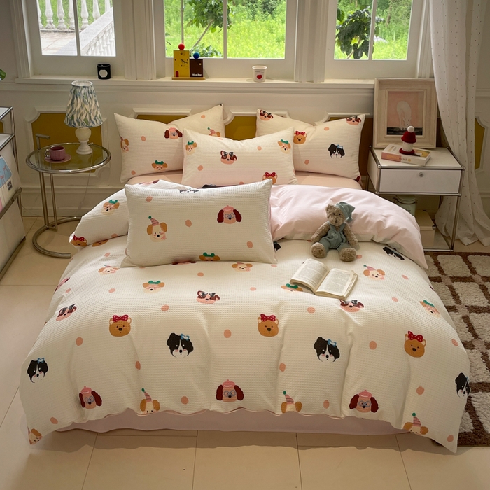 91家纺网 家纺一手货源 找家纺 小叮当家纺仓储工厂店 2025新款提供买家秀爆款花型不断货全棉纯棉A类华夫格印花磨毛四件套 动物派对-米