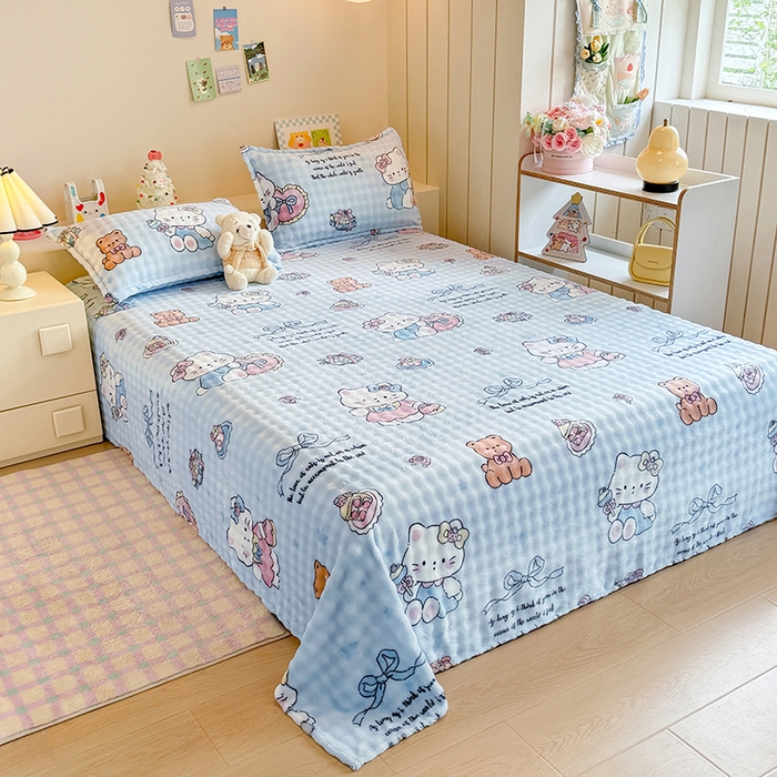 91家纺网 家纺一手货源 找家纺 绣女坊 2025新款A类高克重牛奶绒泡泡绒印花床单单件冬季保暖毛绒毯子绒床单三件套 公主kt