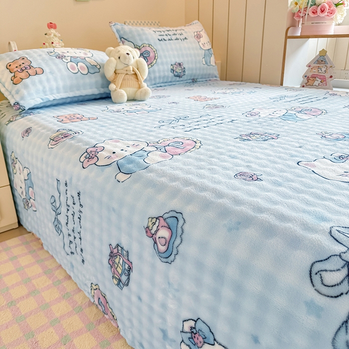 91家纺网 家纺一手货源 找家纺 绣女坊 2025新款A类高克重牛奶绒泡泡绒印花床单单件冬季保暖毛绒毯子绒床单三件套 公主kt