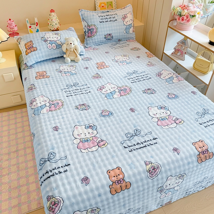 91家纺网 家纺一手货源 找家纺 绣女坊 2025新款A类高克重牛奶绒泡泡绒印花床单单件冬季保暖毛绒毯子绒床单三件套 公主kt