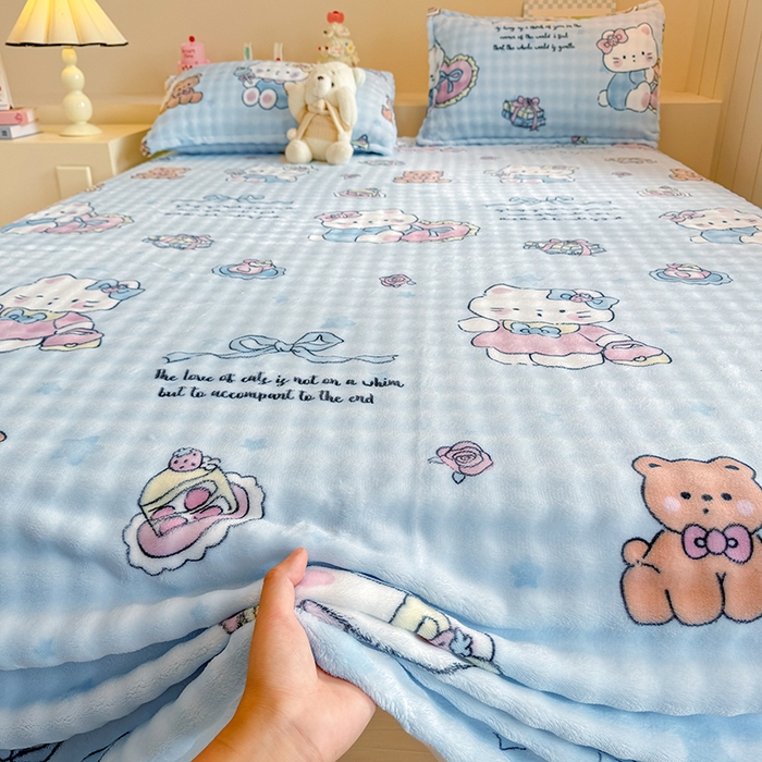 91家纺网 家纺一手货源 找家纺 绣女坊 2025新款A类高克重牛奶绒泡泡绒印花床单单件冬季保暖毛绒毯子绒床单三件套 公主kt